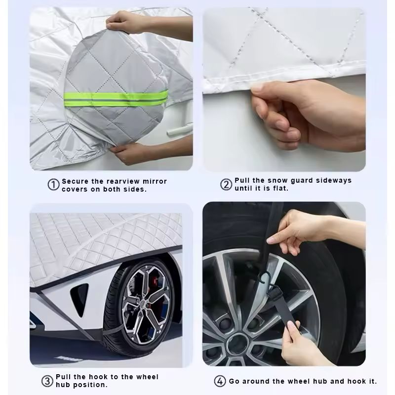 Instructions for using car snow guards with text overlay