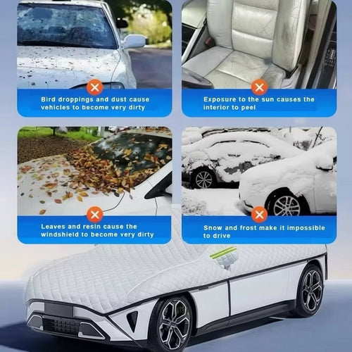 Car with various issues highlighted, including bird droppings, sun exposure, leaves, and snow...