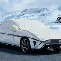 Car with a transparent cover in a snowy landscape, bavarian ld school
