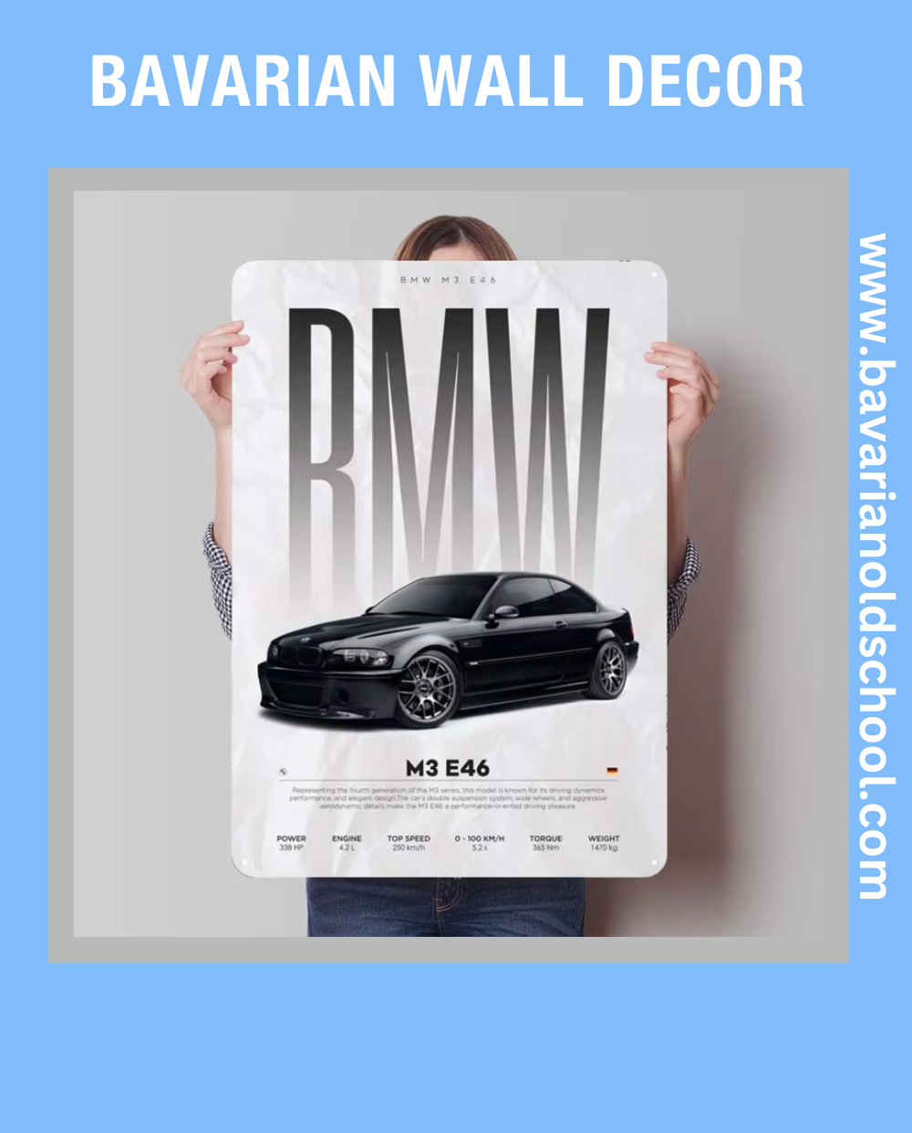 Close-up of Bavarian Wall Decor metal sign featuring classic BMW E30, E34, E36, and E46 models in a retro tinplate design. Ideal for garage, room, or bathroom decor, showcasing vintage BMW aesthetics and iconic automotive art for enthusiasts and collectors.