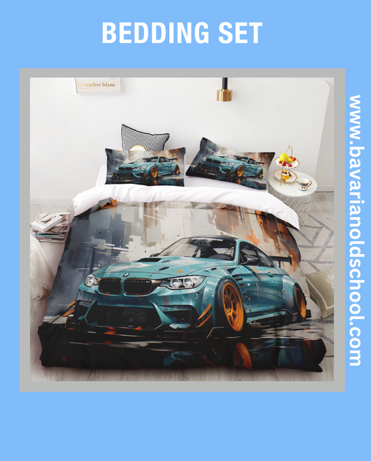 BMW-themed bedding sets featuring distinctive automotive designs, available for purchase. The sets include pillowcases and duvet covers showcasing BMW logos and motifs.