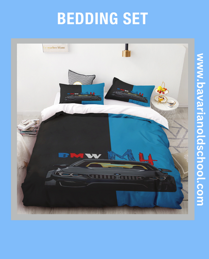 BMW-themed bedding sets featuring distinctive automotive designs, available for purchase. The sets include pillowcases and duvet covers showcasing BMW logos and motifs.