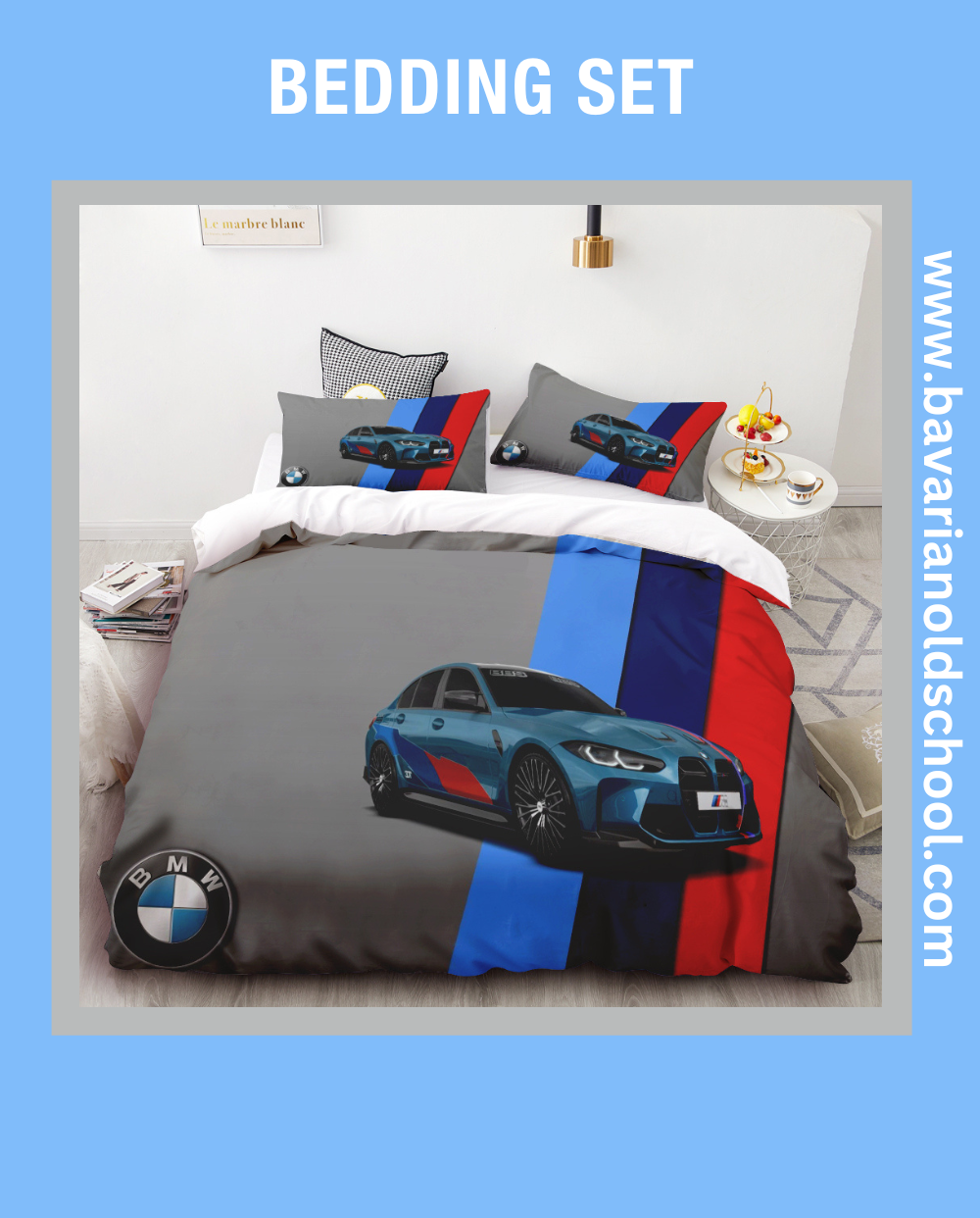 BMW-themed bedding sets featuring distinctive automotive designs, available for purchase. The sets include pillowcases and duvet covers showcasing BMW logos and motifs.