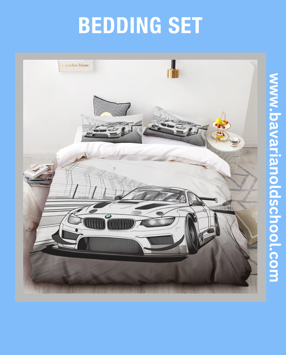 BMW-themed bedding sets featuring distinctive automotive designs, available for purchase. The sets include pillowcases and duvet covers showcasing BMW logos and motifs.