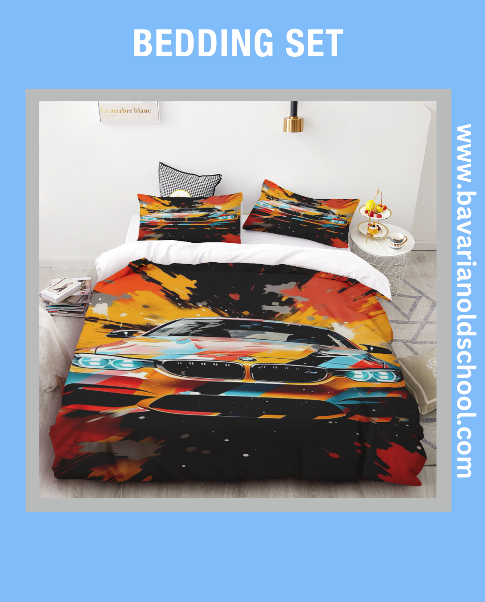 BMW-themed bedding sets featuring distinctive automotive designs, available for purchase. The sets include pillowcases and duvet covers showcasing BMW logos and motifs.