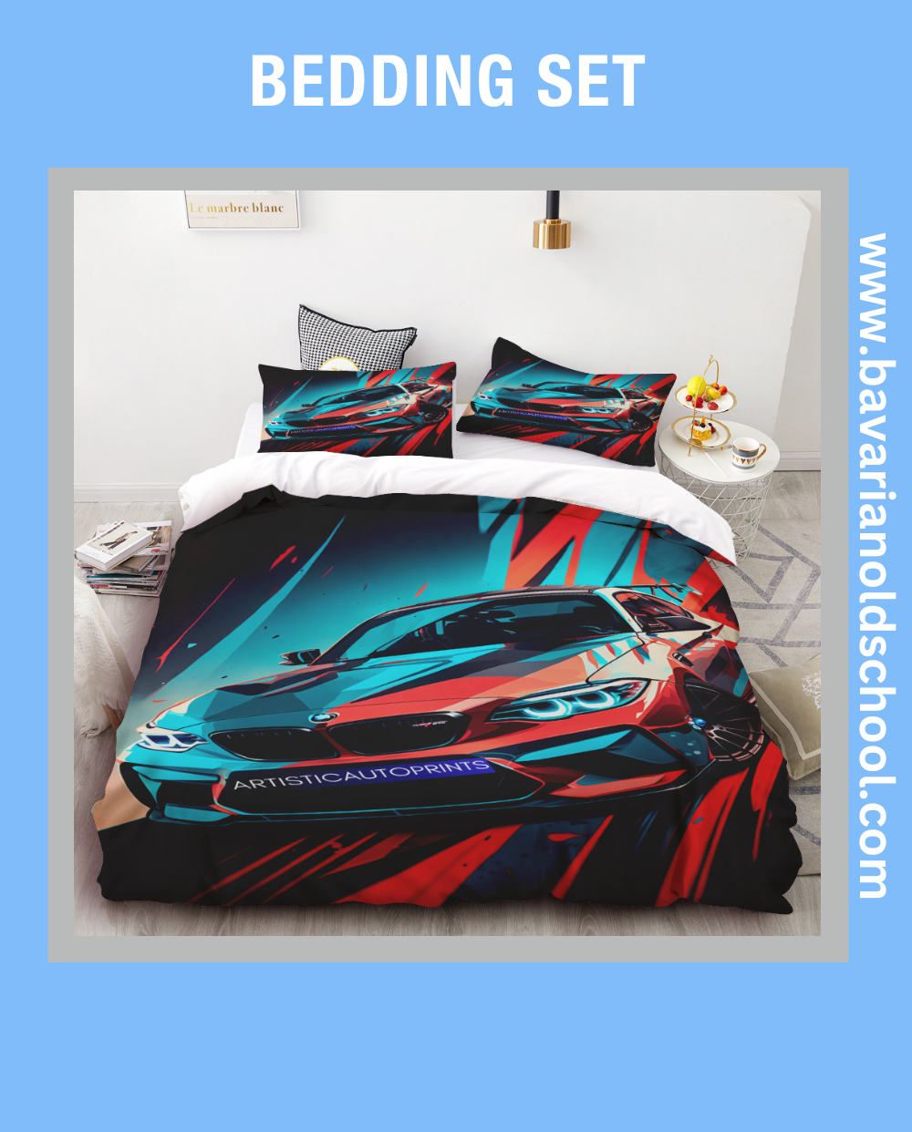 BMW-themed bedding sets featuring distinctive automotive designs, available for purchase. The sets include pillowcases and duvet covers showcasing BMW logos and motifs.