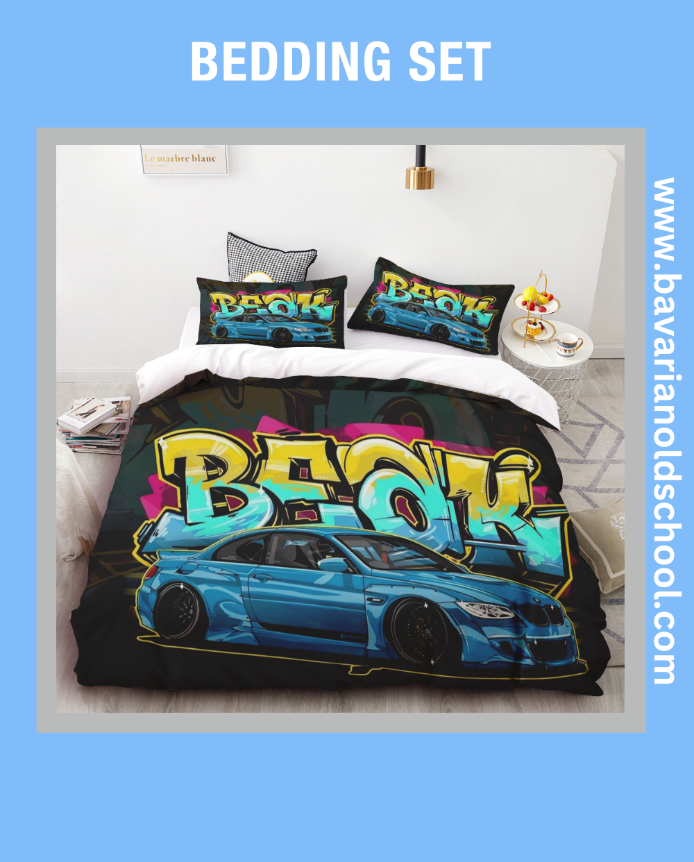 BMW-themed bedding sets featuring distinctive automotive designs, available for purchase. The sets include pillowcases and duvet covers showcasing BMW logos and motifs.