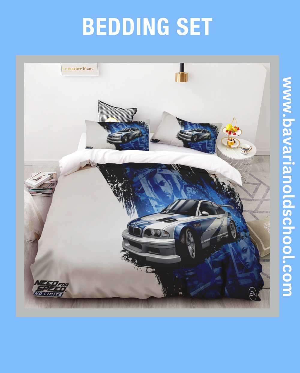 BMW-themed bedding sets featuring distinctive automotive designs, available for purchase. The sets include pillowcases and duvet covers showcasing BMW logos and motifs.