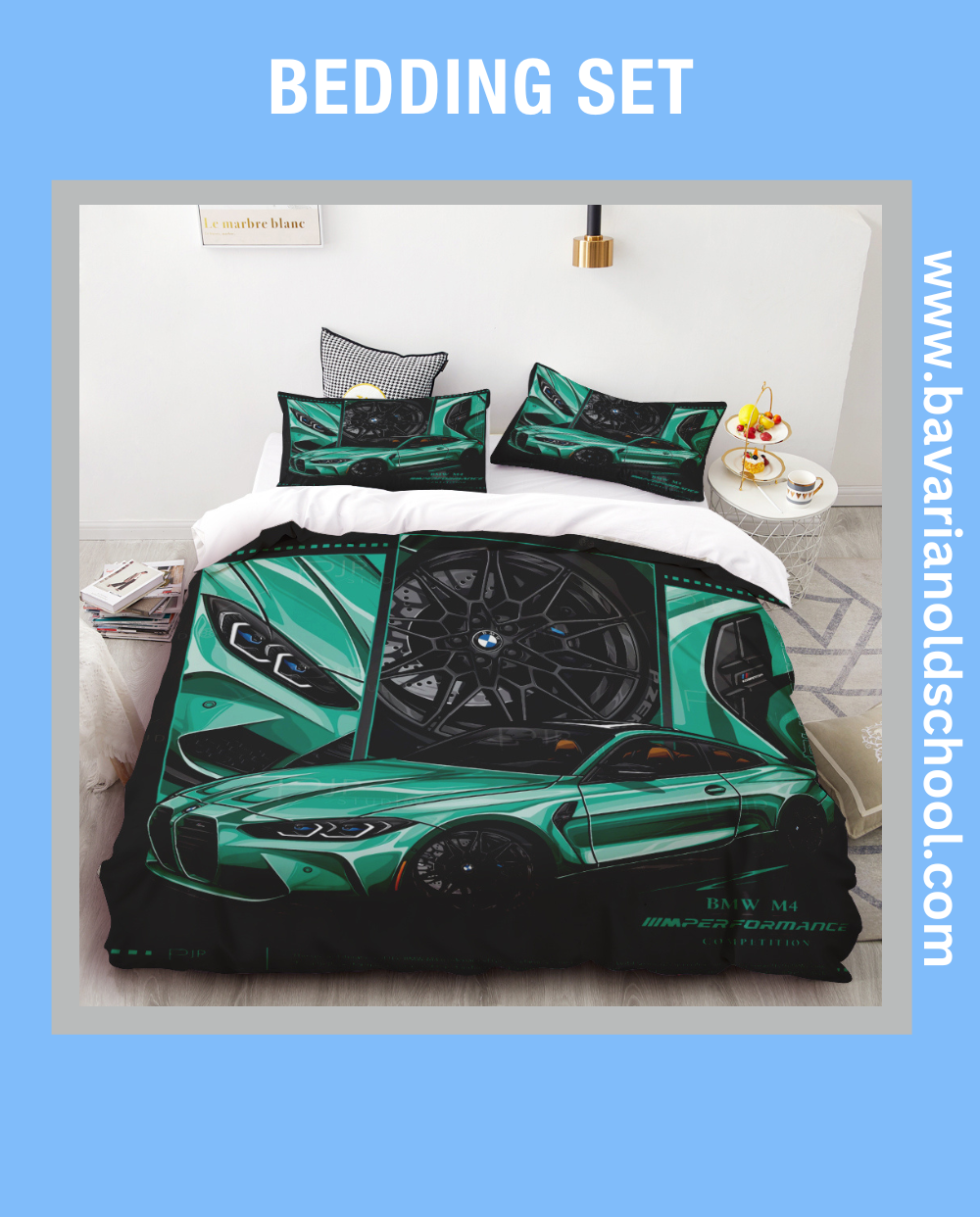 BMW-themed bedding sets featuring distinctive automotive designs, available for purchase. The sets include pillowcases and duvet covers showcasing BMW logos and motifs.