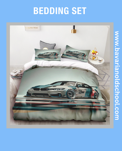 BMW-themed bedding sets featuring distinctive automotive designs, available for purchase. The sets include pillowcases and duvet covers showcasing BMW logos and motifs.