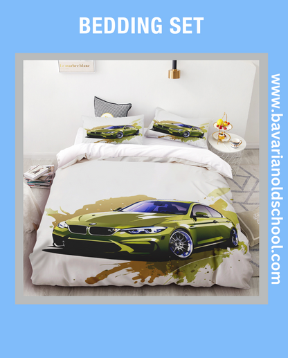 BMW-themed bedding sets featuring distinctive automotive designs, available for purchase. The sets include pillowcases and duvet covers showcasing BMW logos and motifs.