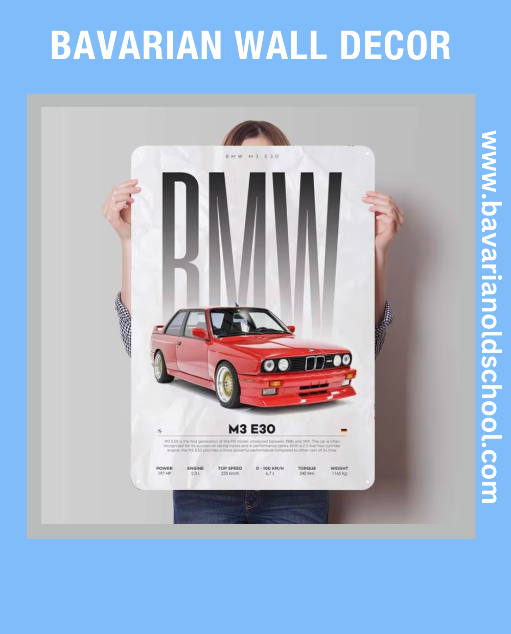 Close-up of Bavarian Wall Decor metal sign featuring classic BMW E30, E34, E36, and E46 models in a retro tinplate design. Ideal for garage, room, or bathroom decor, showcasing vintage BMW aesthetics and iconic automotive art for enthusiasts and collectors.