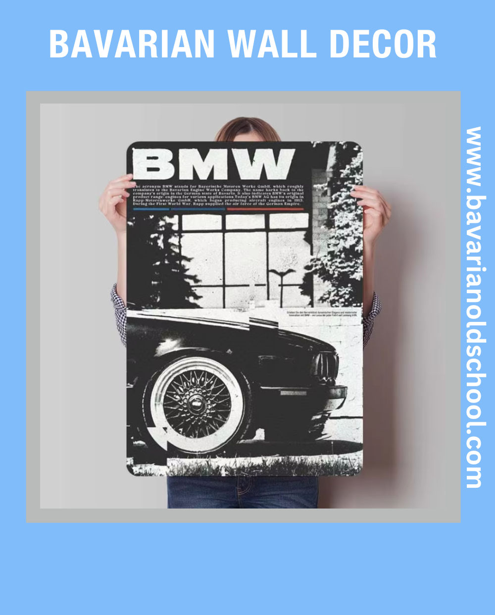 Close-up of Bavarian Wall Decor metal sign featuring classic BMW E30, E34, E36, and E46 models in a retro tinplate design. Ideal for garage, room, or bathroom decor, showcasing vintage BMW aesthetics and iconic automotive art for enthusiasts and collectors.