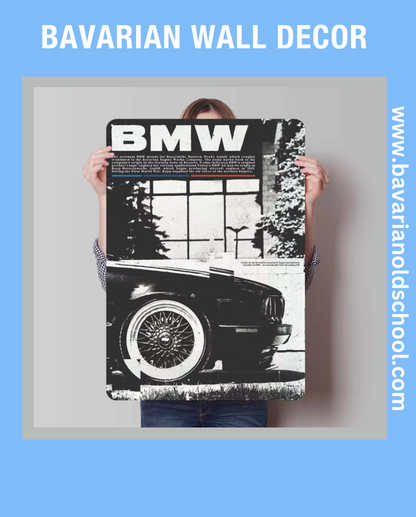 Close-up of Bavarian Wall Decor metal sign featuring classic BMW E30, E34, E36, and E46 models in a retro tinplate design. Ideal for garage, room, or bathroom decor, showcasing vintage BMW aesthetics and iconic automotive art for enthusiasts and collectors.