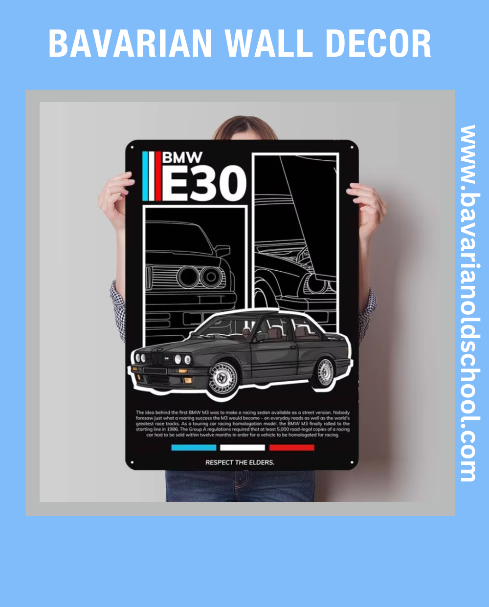 Close-up of Bavarian Wall Decor metal sign featuring classic BMW E30, E34, E36, and E46 models in a retro tinplate design. Ideal for garage, room, or bathroom decor, showcasing vintage BMW aesthetics and iconic automotive art for enthusiasts and collectors.