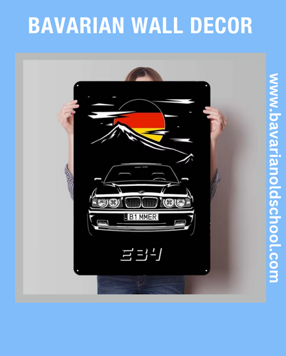 Close-up of Bavarian Wall Decor metal sign featuring classic BMW E30, E34, E36, and E46 models in a retro tinplate design. Ideal for garage, room, or bathroom decor, showcasing vintage BMW aesthetics and iconic automotive art for enthusiasts and collectors.