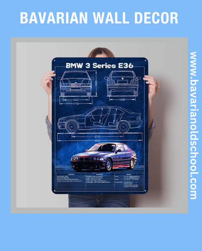 Close-up of Bavarian Wall Decor metal sign featuring classic BMW E30, E34, E36, and E46 models in a retro tinplate design. Ideal for garage, room, or bathroom decor, showcasing vintage BMW aesthetics and iconic automotive art for enthusiasts and collectors.