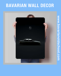 Close-up of Bavarian Wall Decor metal sign featuring classic BMW E30, E34, E36, and E46 models in a retro tinplate design. Ideal for garage, room, or bathroom decor, showcasing vintage BMW aesthetics and iconic automotive art for enthusiasts and collectors.