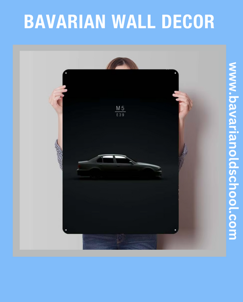 Close-up of Bavarian Wall Decor metal sign featuring classic BMW E30, E34, E36, and E46 models in a retro tinplate design. Ideal for garage, room, or bathroom decor, showcasing vintage BMW aesthetics and iconic automotive art for enthusiasts and collectors.
