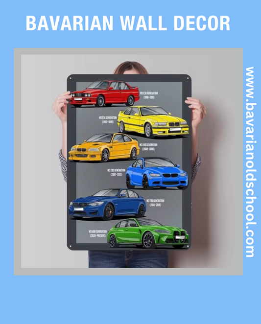 Close-up of Bavarian Wall Decor metal sign featuring classic BMW E30, E34, E36, and E46 models in a retro tinplate design. Ideal for garage, room, or bathroom decor, showcasing vintage BMW aesthetics and iconic automotive art for enthusiasts and collectors.