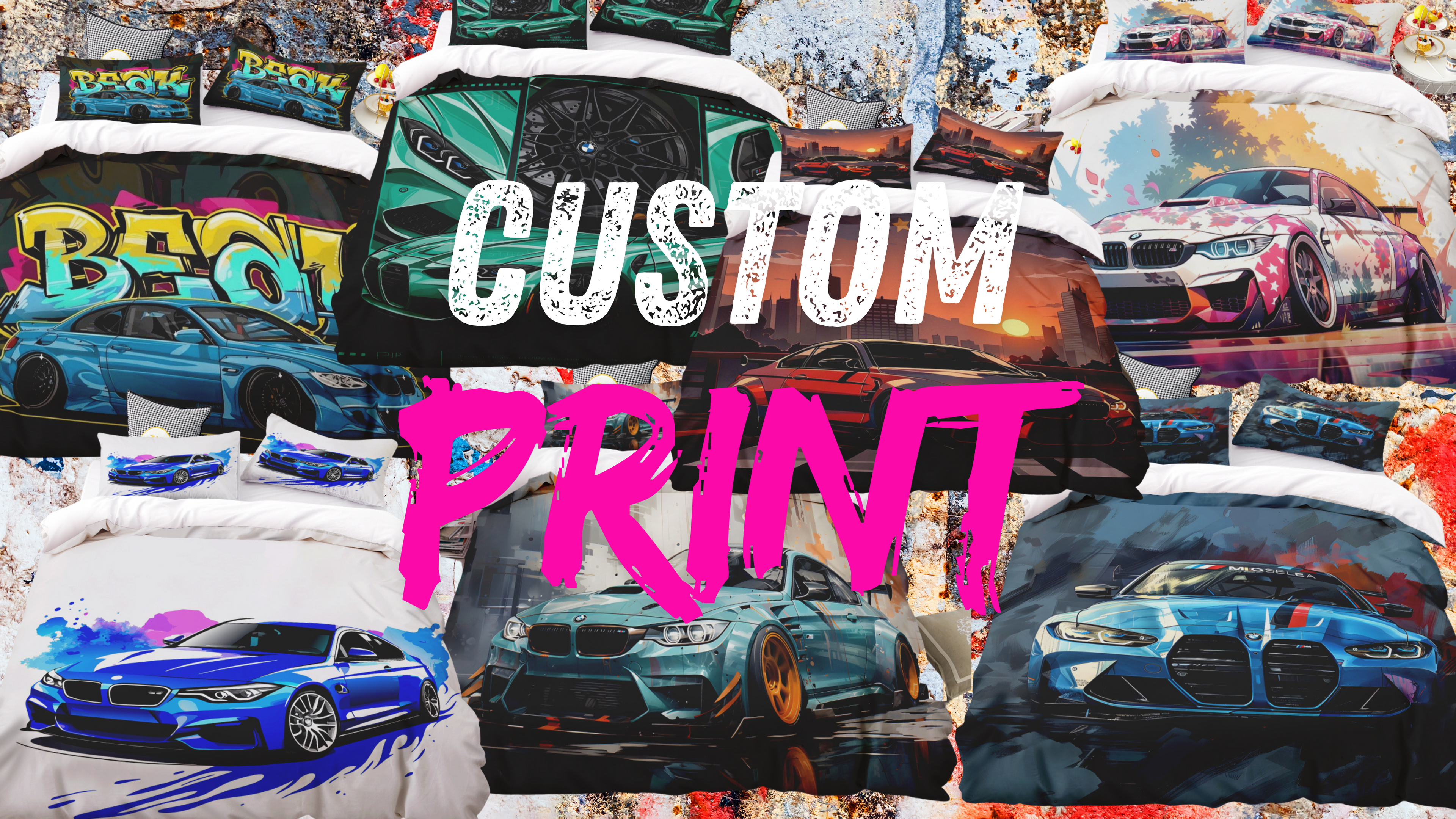 custom print on product on bavarian old school shop. bedding sets, blankets, carpets, beach towels. All product with bmw theme