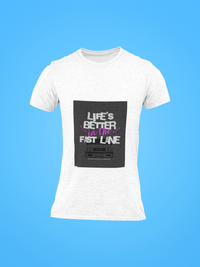 White t-shirt with a black graphic and text Life`s better in the fast lane on a blue background. Bavarian old school