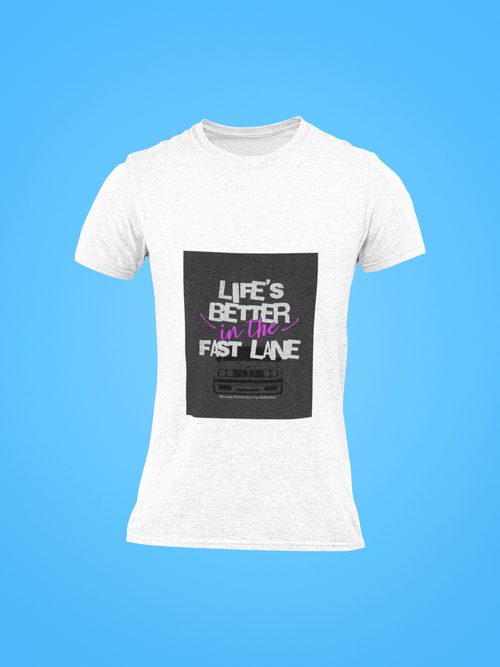 White t-shirt with a black graphic and text Life`s better in the fast lane on a blue background. Bavarian old school