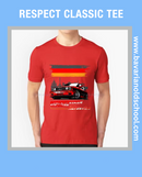 T-shirt featuring a BMW E30 design with the text 'Respektieren Sie Ihren Ältesten,' celebrating classic automotive heritage. Bavarin old school
