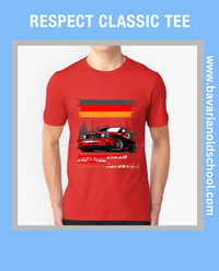 T-shirt featuring a BMW E30 design with the text 'Respektieren Sie Ihren Ältesten,' celebrating classic automotive heritage. Bavarin old school