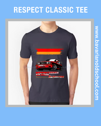 T-shirt featuring a BMW E30 design with the text 'Respektieren Sie Ihren Ältesten,' celebrating classic automotive heritage. Bavarin old school