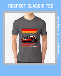 T-shirt featuring a BMW E30 design with the text 'Respektieren Sie Ihren Ältesten,' celebrating classic automotive heritage. Bavarin old school