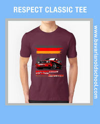 T-shirt featuring a BMW E30 design with the text 'Respektieren Sie Ihren Ältesten,' celebrating classic automotive heritage. Bavarin old school