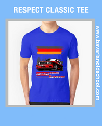 T-shirt featuring a BMW E30 design with the text 'Respektieren Sie Ihren Ältesten,' celebrating classic automotive heritage. Bavarin old school