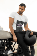 Man sitting on a motorcycle holding a helmet, wearing a white t-shirt with text Life`s better in the fast lane. bavarian old school